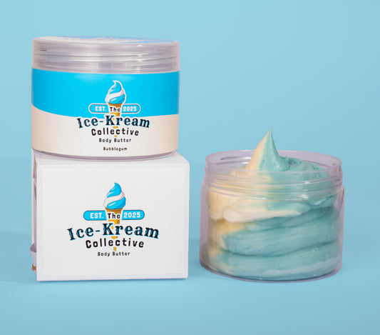 The Ice-Kream Collective Bubblegum body butter in a clear jar with blue and cream packaging, displayed next to its branded box on a pastel blue background.