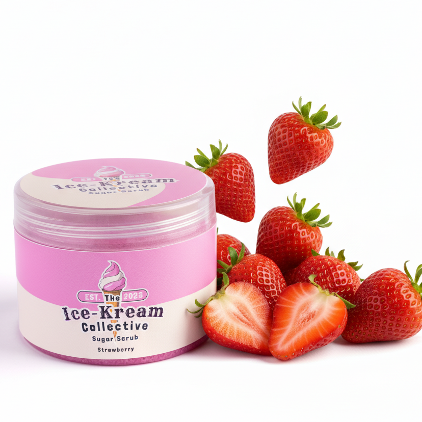 Pink jar of 'Ice-Kream Collective' strawberry sugar scrub with strawberries on a white background