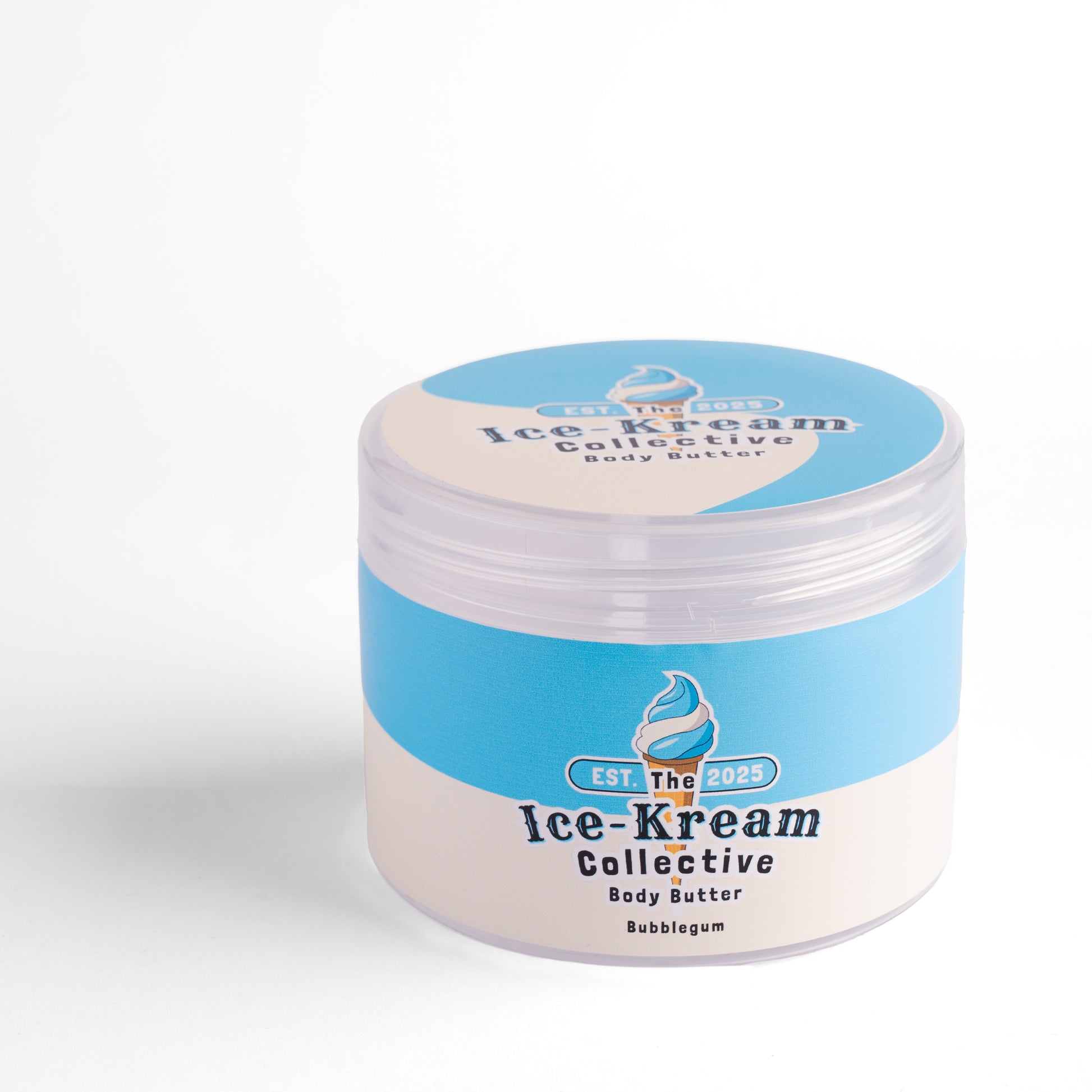The Ice-Kream Collective bubblegum body butter in a round jar with blue and cream packaging, labeled EST. 2025, on a white studio background.