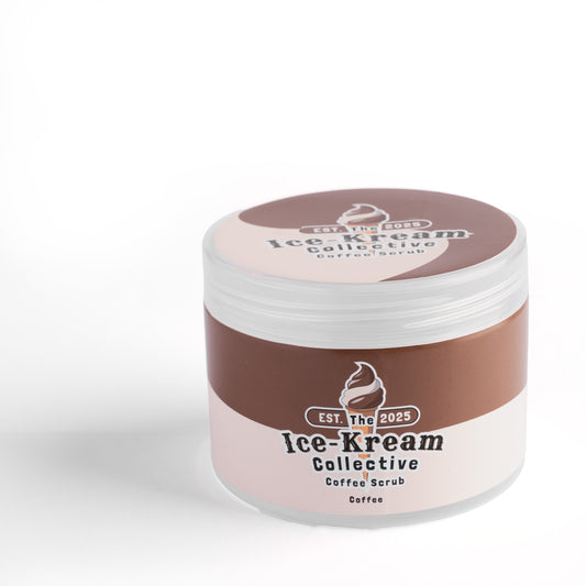 The Ice-Kream Collective coffee scrub in a round jar with brown and cream packaging, labeled EST. 2025, on a white studio background.