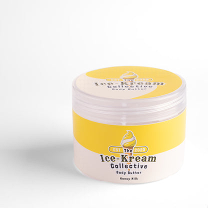 The Ice-Kream Collective Honey Milk body butter in a round jar with yellow and cream packaging, labeled EST. 2025, on a white studio background.