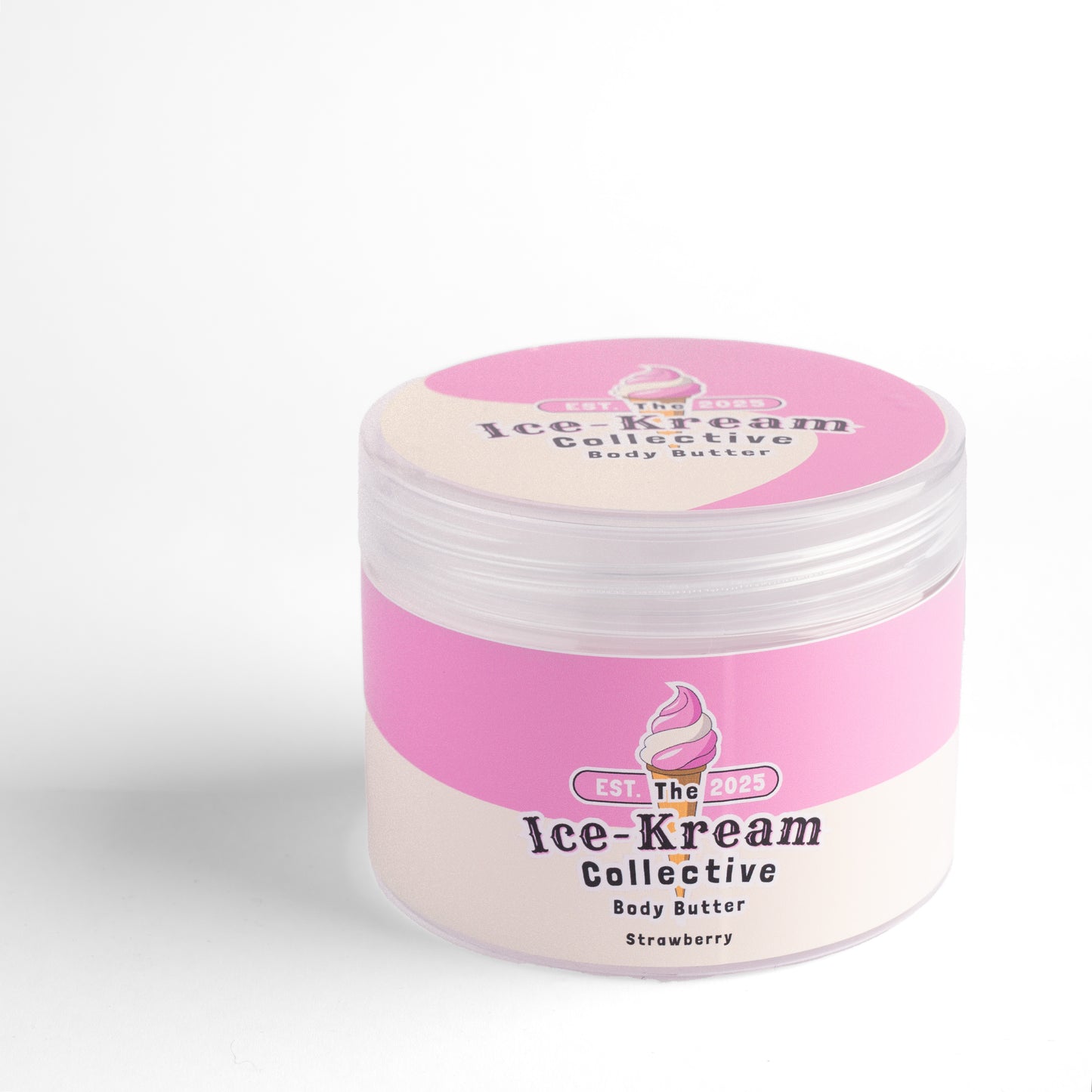 The Ice-Kream Collective Strawberry body butter in a round jar with pink and cream packaging, labeled EST. 2025, on a white studio background.