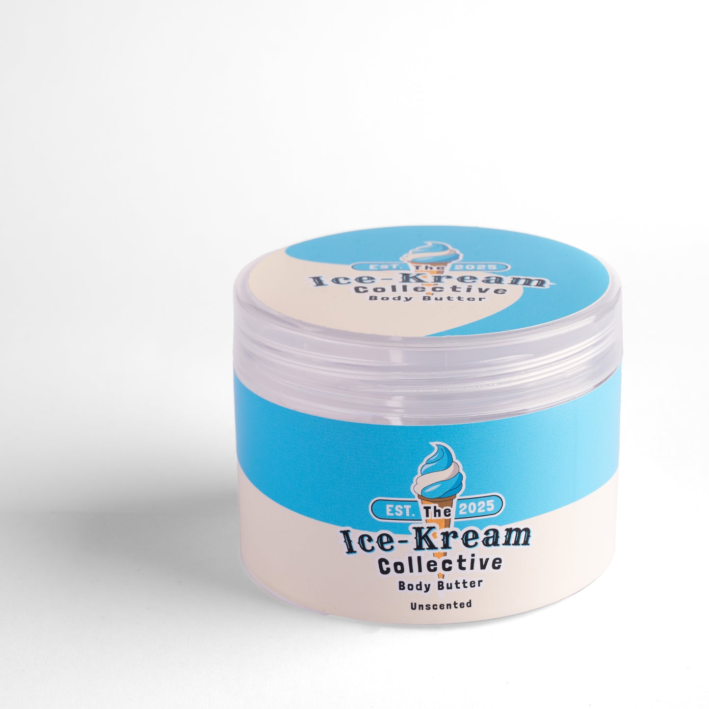 The Ice-Kream Collective Unscented body butter in a round jar with blue and cream packaging, labeled EST. 2025, on a white studio background.